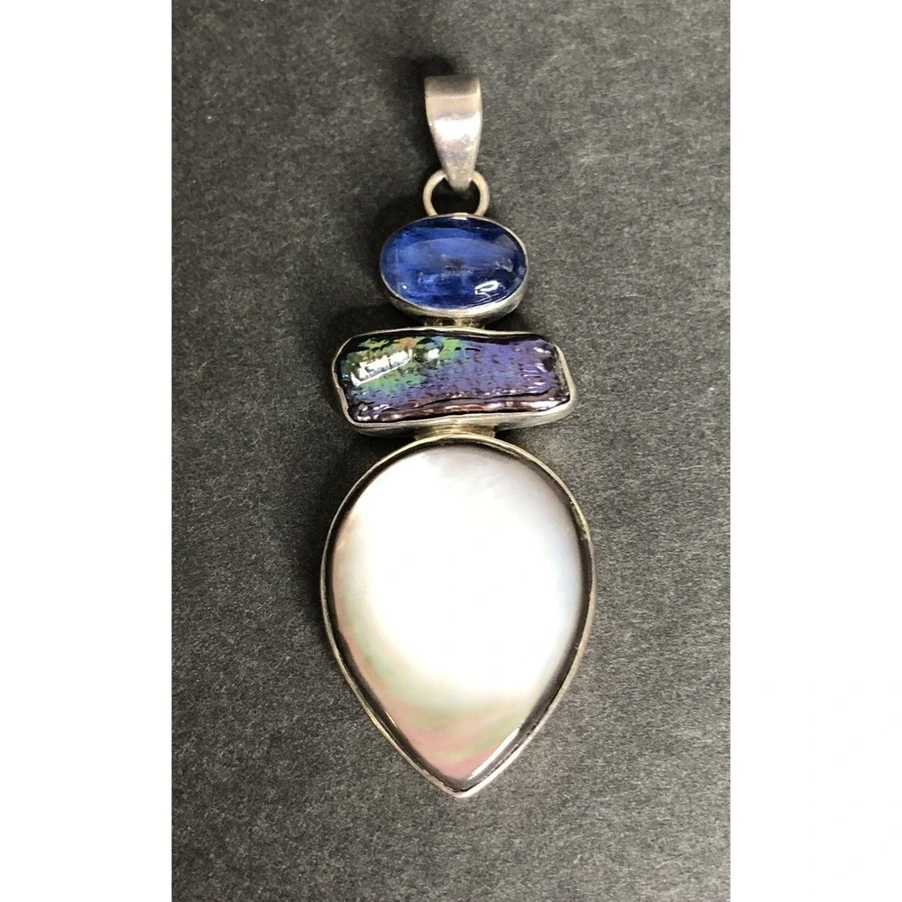Vintage Mother of Pearl & Abalone Sterling Silver 925 Pendant Statement Necklace